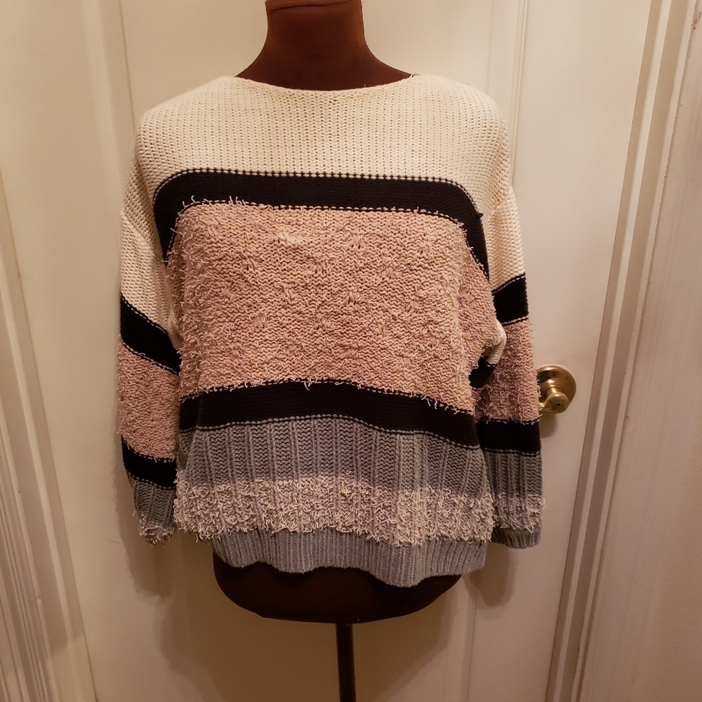 Umgee Women's Textured Striped Sweater - Cream, Black, Gray